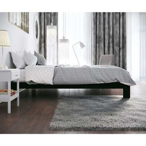 Image of Twin Black Metal Platform Bed Frame with Wide Wood Slats