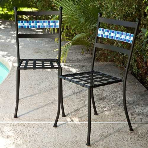 Image of Set of 2 - Black Powder Coated Iron Metal Patio Bistro Chairs with Aqua Blue Backrest