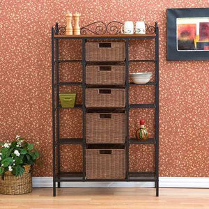 Classic Black Iron Bakers Rack with 5 Rattan Baskets