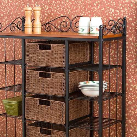 Image of Classic Black Iron Bakers Rack with 5 Rattan Baskets