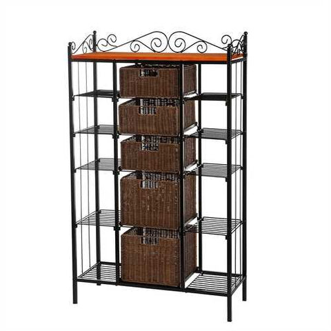 Image of Classic Black Iron Bakers Rack with 5 Rattan Baskets