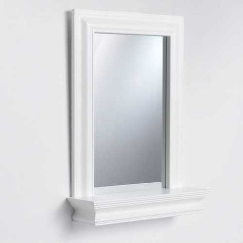 Image of Framed Bathroom Mirror Rectangular Shape with Bottom Shelf in White Wood Finish