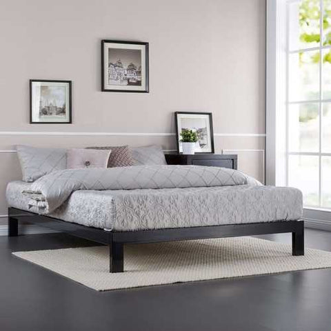 Image of Queen Modern Black Metal Platform Bed Frame with Wooden Slats