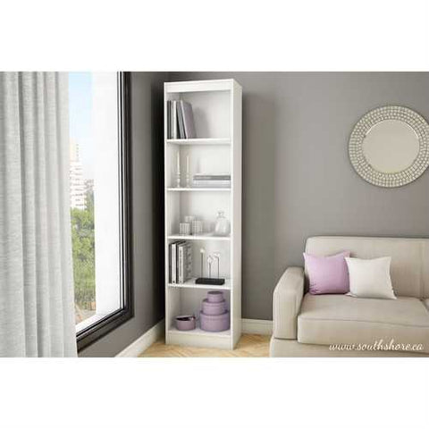 Image of 5-Shelf Narrow Bookcase Storage Shelves in White Wood Finish