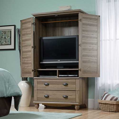 Image of Wardrobe Cabinet Bedroom Storage or TV Armoire in Medium Brown Oak Finish