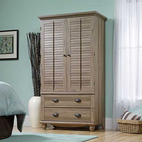 Image of Wardrobe Cabinet Bedroom Storage or TV Armoire in Medium Brown Oak Finish