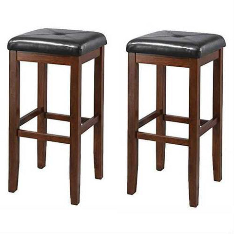 Image of Set of 2 Vintage Mahogany Stools with Black Upholstered Seat