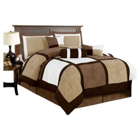 Image of King size 7-Piece Bed in a Bag Patchwork Comforter set in Brown White