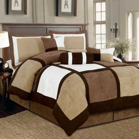 Image of King size 7-Piece Bed in a Bag Patchwork Comforter set in Brown White