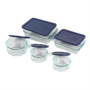 10 Piece Glass Bakeware Set with Blue Lids - Oven Microwave Dishwasher Freezer Safe