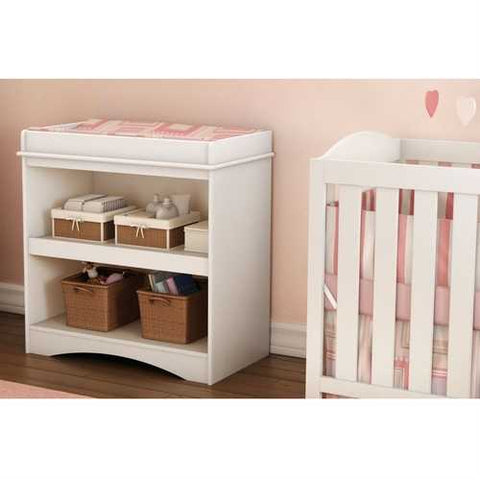 Image of White Wood Baby Furniture Changing Table with Open Storage Space