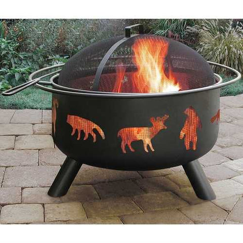 Image of Large Black Steel Outdoor Fire Pit with Bear Deer Animals