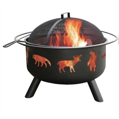 Image of Large Black Steel Outdoor Fire Pit with Bear Deer Animals