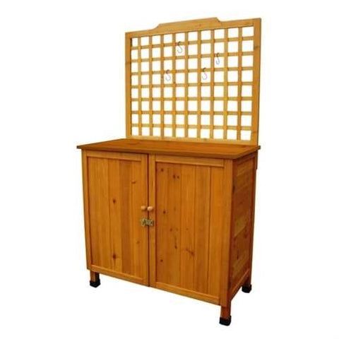 Image of Outdoor Storage Solid Wood Cabinet Potting Bench with Hanging Lattice Trellis