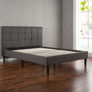 Full size Modern Platform Bed with Dark Grey Square Stitched Upholstered Headboard