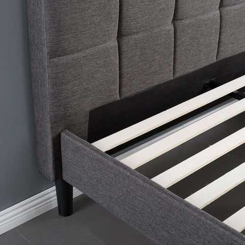 Image of Full size Modern Platform Bed with Dark Grey Square Stitched Upholstered Headboard