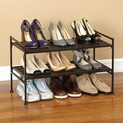 Image of 2-Tier Slatted Resin Stackable Folding Shoe Rack in Mocha Finish