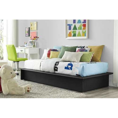 Image of Black Faux Leather Upholstered Platform Bed Frame with Wood Slats in Twin