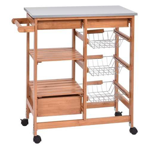 Image of Stainless Steel Top Bamboo Kitchen Island Cart with Casters