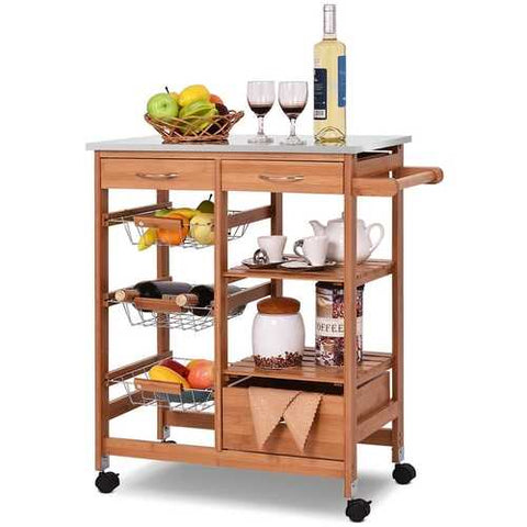 Image of Stainless Steel Top Bamboo Kitchen Island Cart with Casters