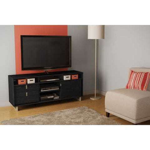 Image of Contemporary TV Stand in Black Finish and Satin Nickel Metal Legs