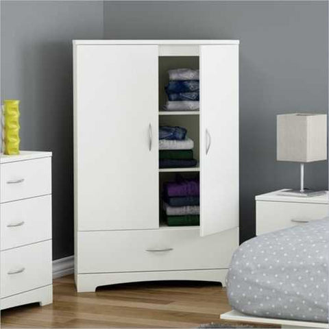 Image of White Clothes Storage Wardrobe Cabinet Armoire with Bottom Drawer