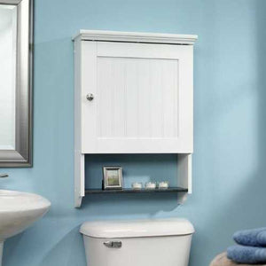 Bathroom Wall Cabinet in White Wood Finish with Bottom Storage Display Shelf