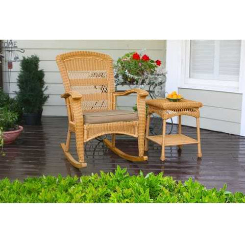 Image of 3-Piece Outdoor Porch Rocker Set w/ 2 Amber Wicker Resin Rocking Chairs & Table