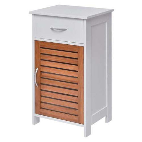 Image of White Bathroom Storage Floor Cabinet with Brown Shutter Door