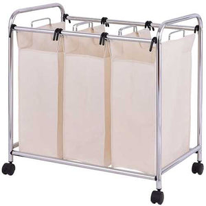 Laundry Cart Bathroom Bedroom 3-Bag Clothes Hamper with Casters