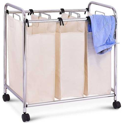 Image of Laundry Cart Bathroom Bedroom 3-Bag Clothes Hamper with Casters