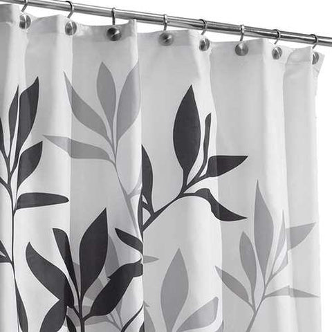 Image of Tree Branch Leaves Black White Grey Fabric Shower Curtain