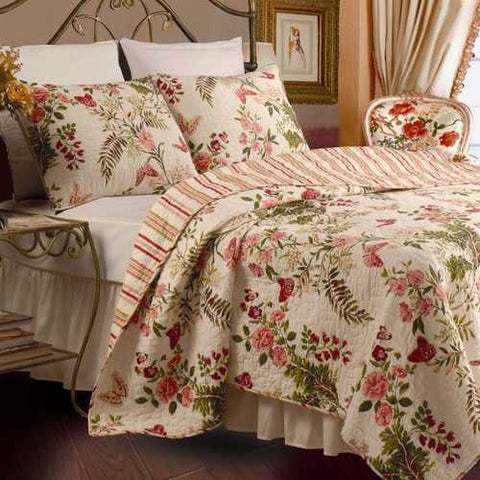 Image of Twin size 100% Cotton Quilt Set with Sham in Pink Floral Butterfly