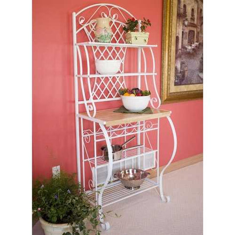 Image of White Metal Bakers Rack with 5-Bottle Wine Rack and Wooden Work Shelf