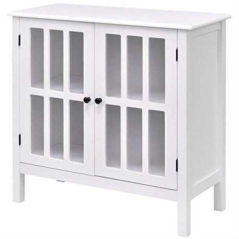 Image of White Wood Bathroom Storage Floor Cabinet with Glass Doors