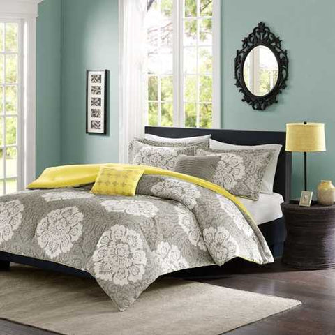 Image of Full / Queen Grey White Damask Comforter Set with Soft Yellow Reverse