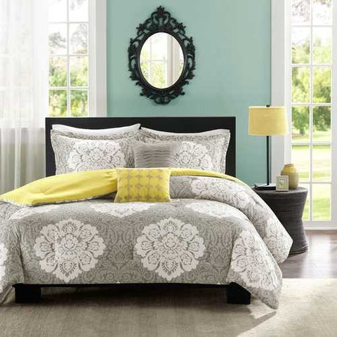 Image of Full / Queen Grey White Damask Comforter Set with Soft Yellow Reverse