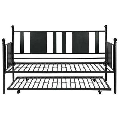 Image of Twin Black Metal Daybed Frame with Rounded Finials and Trundle Bed