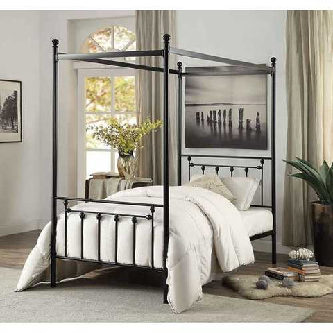 Image of Twin size Sturdy Metal Canopy Bed Frame in Black Metal Finish