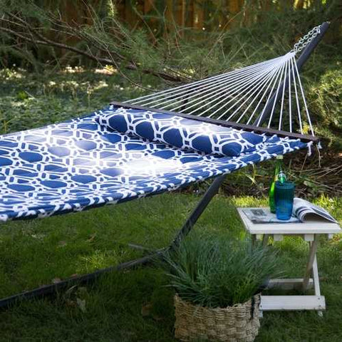 Image of Blue White Quilted Hammock with 13-ft Heavy Duty Black Metal Stand