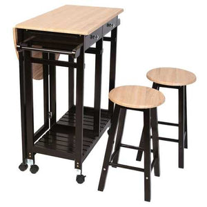 Mobile Kitchen Island Cart Breakfast Table with 2 Stools