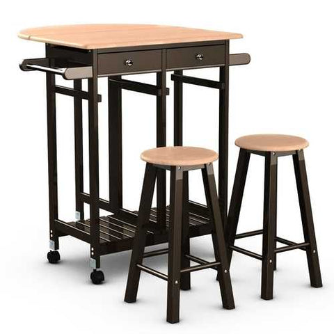 Image of Mobile Kitchen Island Cart Breakfast Table with 2 Stools