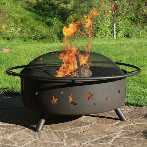 Image of Heavy Duty Black Steel Fire Pit with Cooking Grill and Screen