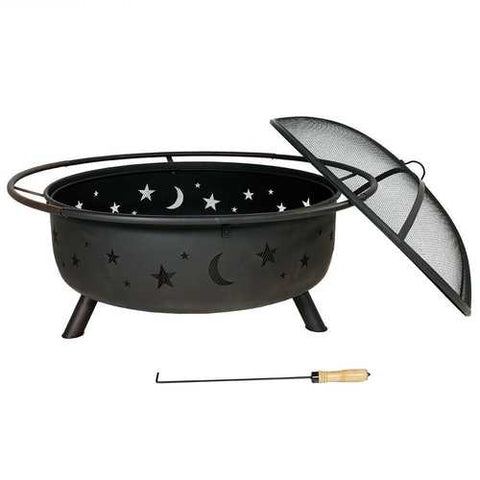 Image of Heavy Duty Black Steel Fire Pit with Cooking Grill and Screen