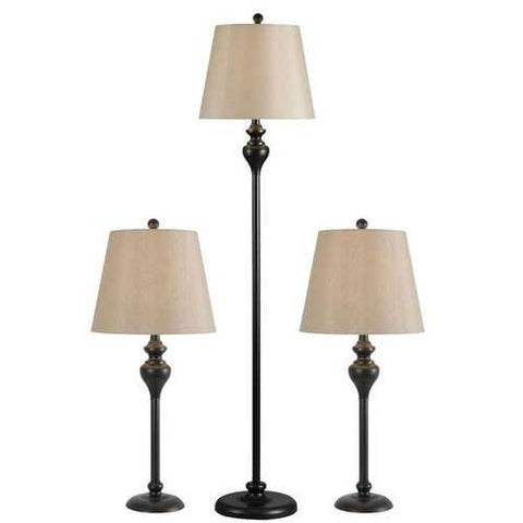 Image of 3-Piece Floor Lamp and Table Desk Lamp Set in Black with Light Gold Drum Shades