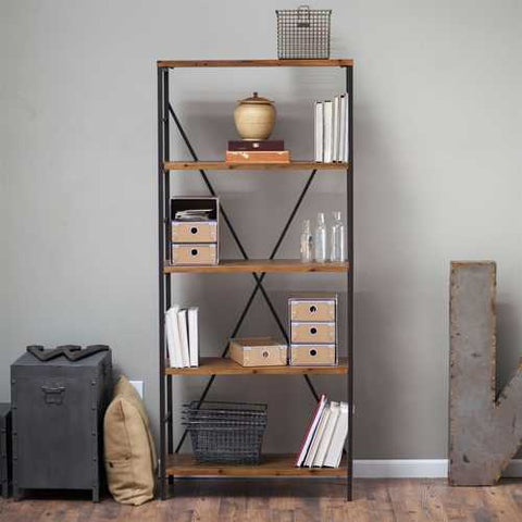 Image of 5-Shelf Bookcase with Fir Wood Shelves 68-inch Tall in Rustic Bronze