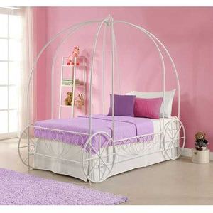 Twin size Princess Canopy Bed with Decorative Wheels in White Metal Finish