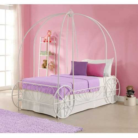 Image of Twin size Princess Canopy Bed with Decorative Wheels in White Metal Finish