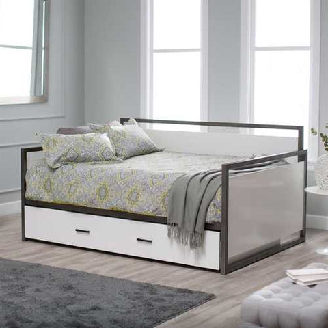 Image of Twin size Modern Metal Frame Daybed with Pull-out Trundle Bed in Glossy White Finish