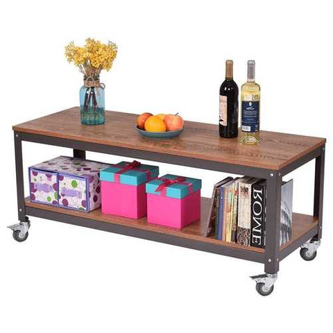 Image of Modern Industrial Style Metal Wood Coffee Table with Locking Casters